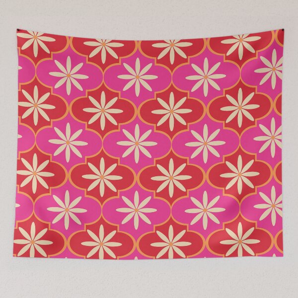 Item preview, White Flowers on Pink and Red Moroccan Tile Pattern  designed and sold by Yasminepatterns .