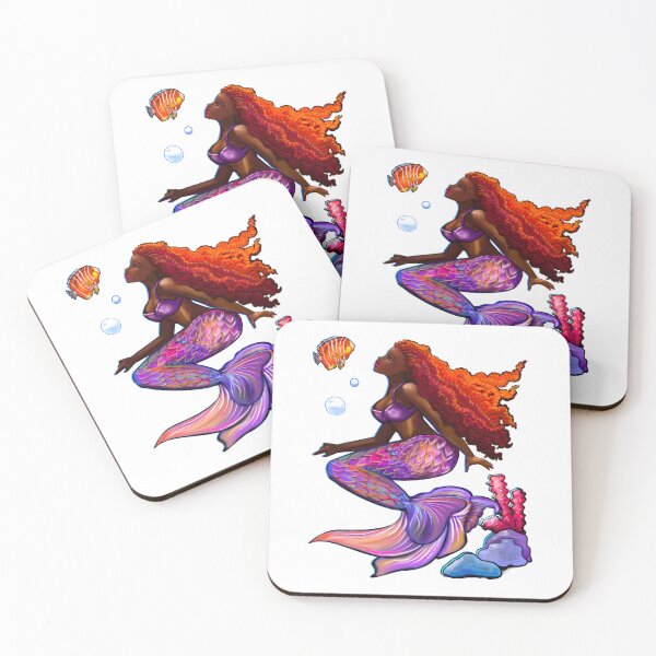 Item preview, Mermaid underwater with fish and flowing red Afro hair brown skin African American mermaids designed and sold by Artonmytee.