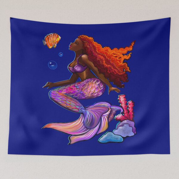 Item preview, Mermaid underwater with fish and flowing red Afro hair brown skin African American mermaids designed and sold by Artonmytee.