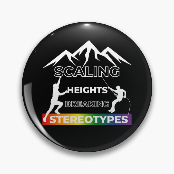 Item preview, Scaling Heights, Breaking Stereotypes slogan, LGBTQ+ slogan tees, people scaling Mountains graphic and rainbow graphic with text, Positive Slogan tees,  designed and sold by PrideBeProud.