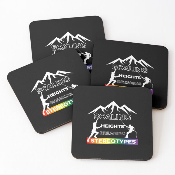 Item preview, Scaling Heights, Breaking Stereotypes slogan, LGBTQ+ slogan tees, people scaling Mountains graphic and rainbow graphic with text, Positive Slogan tees,  designed and sold by PrideBeProud.