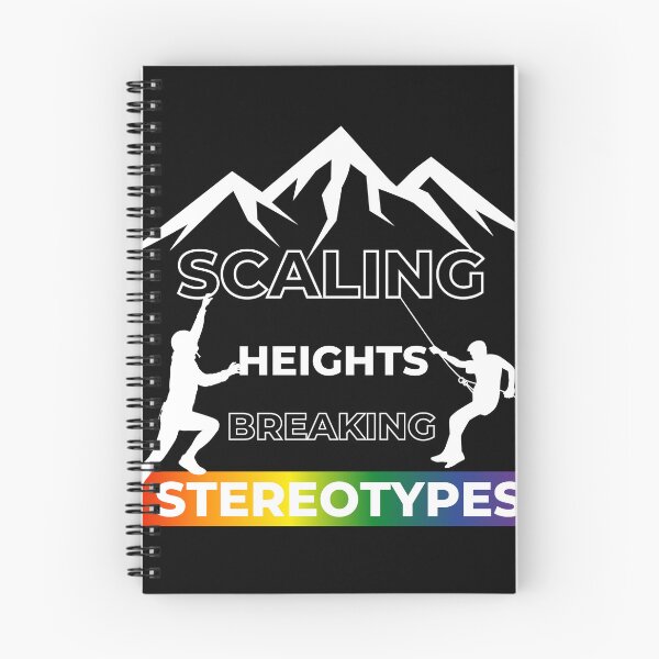Item preview, Scaling Heights, Breaking Stereotypes slogan, LGBTQ+ slogan tees, people scaling Mountains graphic and rainbow graphic with text, Positive Slogan tees,  designed and sold by PrideBeProud.