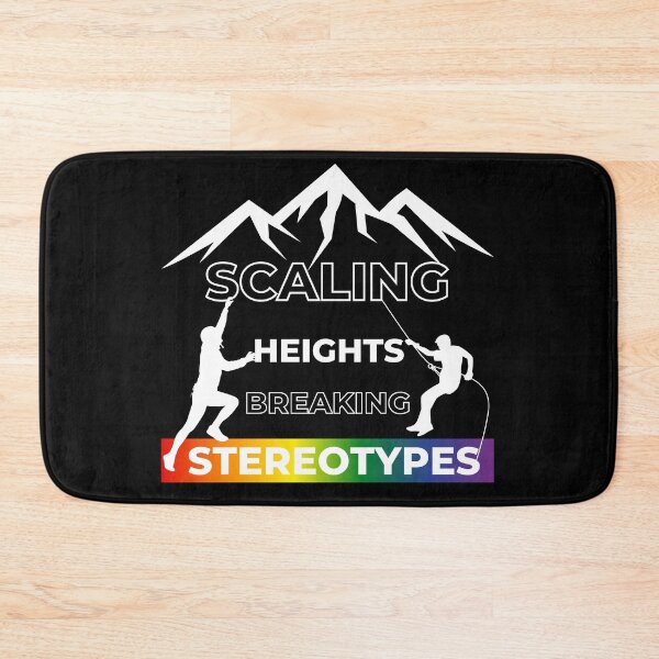 Item preview, Scaling Heights, Breaking Stereotypes slogan, LGBTQ+ slogan tees, people scaling Mountains graphic and rainbow graphic with text, Positive Slogan tees,  designed and sold by PrideBeProud.