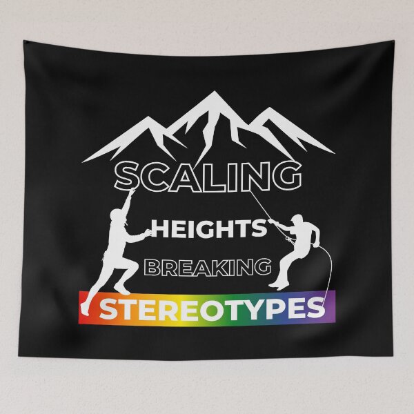 Item preview, Scaling Heights, Breaking Stereotypes slogan, LGBTQ+ slogan tees, people scaling Mountains graphic and rainbow graphic with text, Positive Slogan tees,  designed and sold by PrideBeProud.