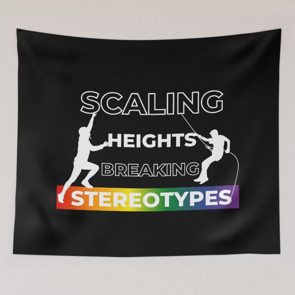 Item preview, Scaling Heights, Breaking Stereotypes slogan, LGBTQ+ slogan tees, pride festival tees, rainbow graphic with text, Positive Slogan tees,  designed and sold by PrideBeProud.