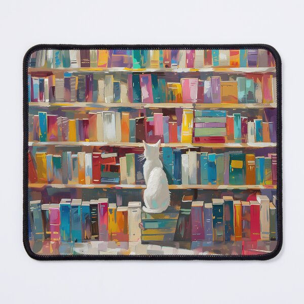 Item preview, White cat in the library - thinking designed and sold by sakurashorty.