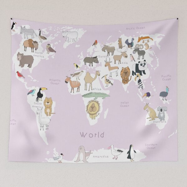 Item preview, Animal World Map with Pink Background Illustrated By Artist Carla Daly designed and sold by Carla Daly.
