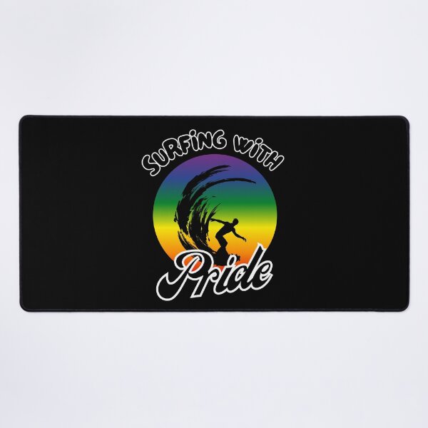Item preview, Surfing with Pride slogan, LGBTQ+ slogan tees, person surfing with rainbow background graphic, Positive Slogan tees, Surfing tees,  designed and sold by PrideBeProud.