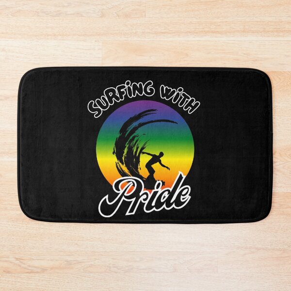 Item preview, Surfing with Pride slogan, LGBTQ+ slogan tees, person surfing with rainbow background graphic, Positive Slogan tees, Surfing tees,  designed and sold by PrideBeProud.