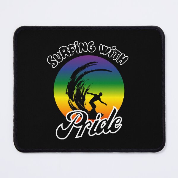 Item preview, Surfing with Pride slogan, LGBTQ+ slogan tees, person surfing with rainbow background graphic, Positive Slogan tees, Surfing tees,  designed and sold by PrideBeProud.
