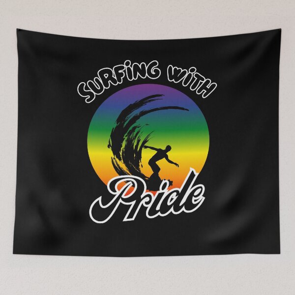 Item preview, Surfing with Pride slogan, LGBTQ+ slogan tees, person surfing with rainbow background graphic, Positive Slogan tees, Surfing tees,  designed and sold by PrideBeProud.