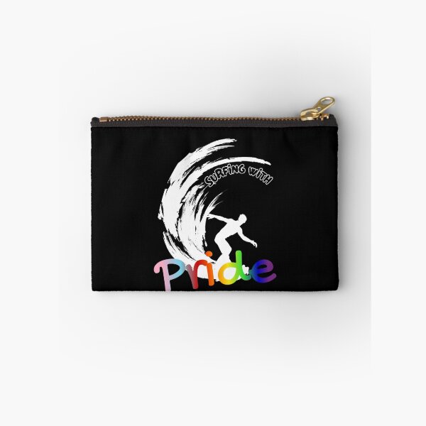 Item preview, Surfing with Pride slogan, LGBTQ+ slogan tees, person surfing with rainbow background graphic, Positive Slogan tees, Surfing tees,  designed and sold by PrideBeProud.