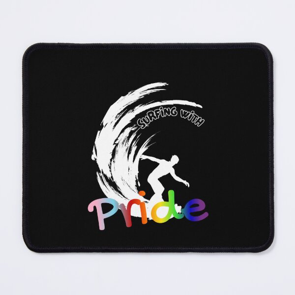 Item preview, Surfing with Pride slogan, LGBTQ+ slogan tees, person surfing with rainbow background graphic, Positive Slogan tees, Surfing tees,  designed and sold by PrideBeProud.