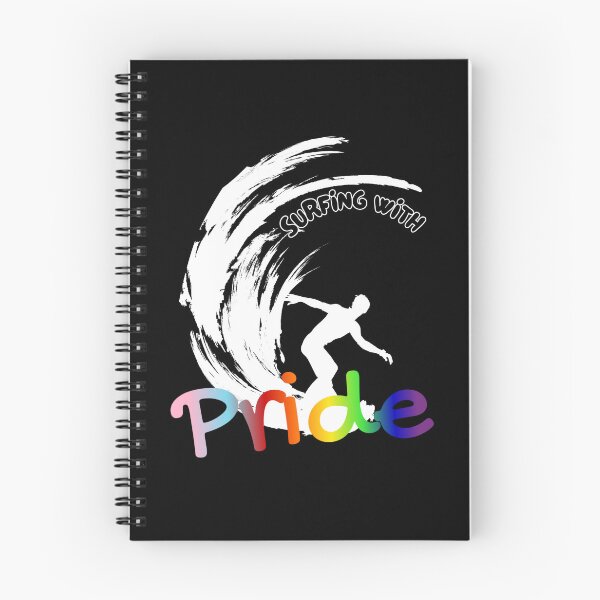 Item preview, Surfing with Pride slogan, LGBTQ+ slogan tees, person surfing with rainbow background graphic, Positive Slogan tees, Surfing tees,  designed and sold by PrideBeProud.