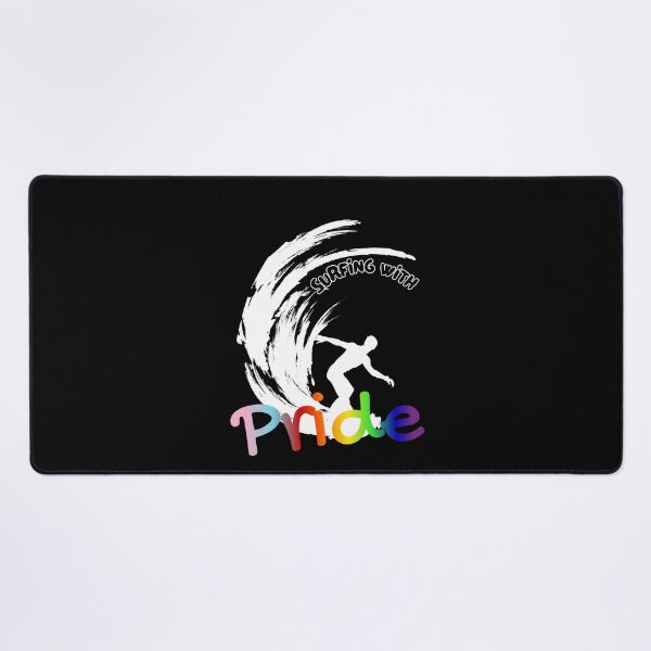 Item preview, Surfing with Pride slogan, LGBTQ+ slogan tees, person surfing with rainbow background graphic, Positive Slogan tees, Surfing tees, designed and sold by PrideBeProud.