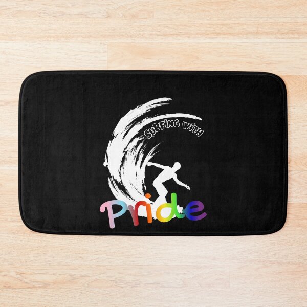 Item preview, Surfing with Pride slogan, LGBTQ+ slogan tees, person surfing with rainbow background graphic, Positive Slogan tees, Surfing tees,  designed and sold by PrideBeProud.
