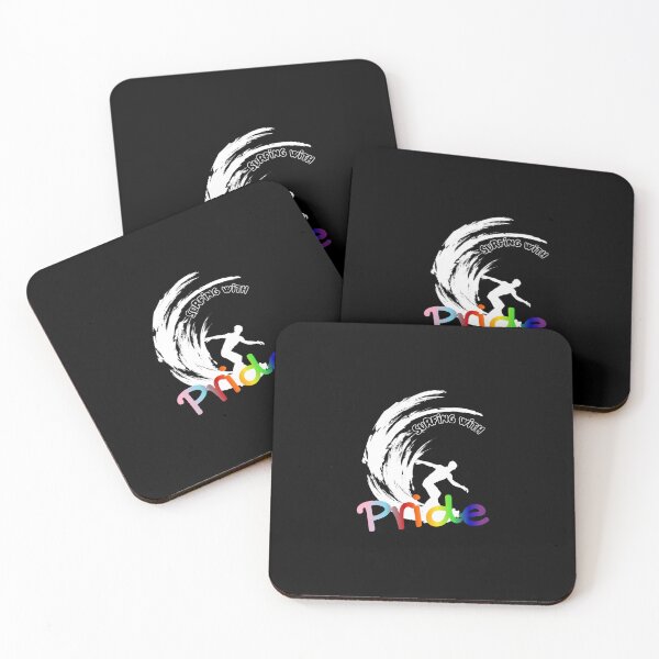 Item preview, Surfing with Pride slogan, LGBTQ+ slogan tees, person surfing with rainbow background graphic, Positive Slogan tees, Surfing tees,  designed and sold by PrideBeProud.