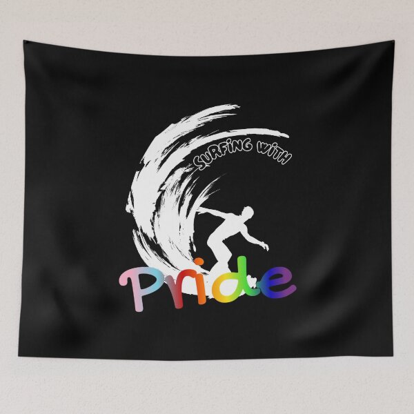 Item preview, Surfing with Pride slogan, LGBTQ+ slogan tees, person surfing with rainbow background graphic, Positive Slogan tees, Surfing tees,  designed and sold by PrideBeProud.