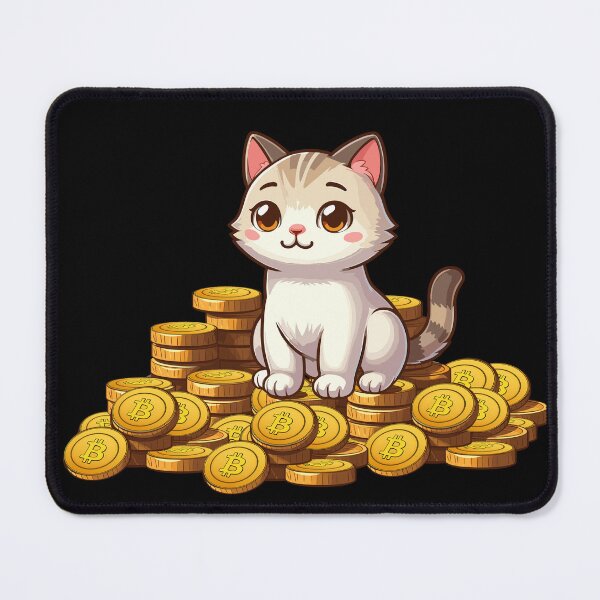 Item preview, a cute cat on her Bitcoin pile designed and sold by CryptoFunMerch.