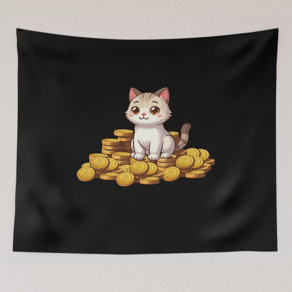 Item preview, a cute cat on her Bitcoin pile designed and sold by CryptoFunMerch.