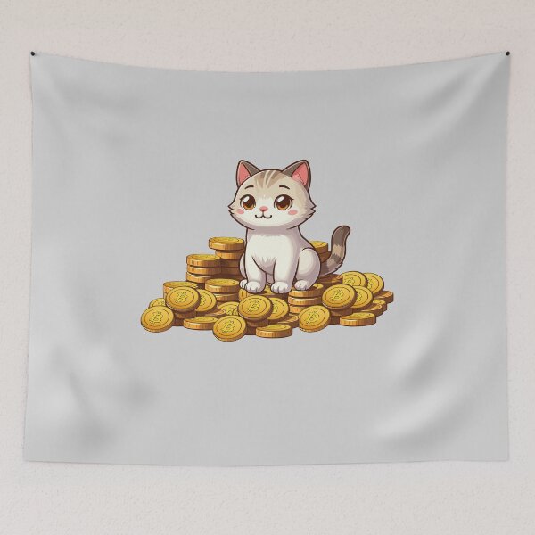 Item preview, a cute cat on her Bitcoin pile designed and sold by CryptoFunMerch.