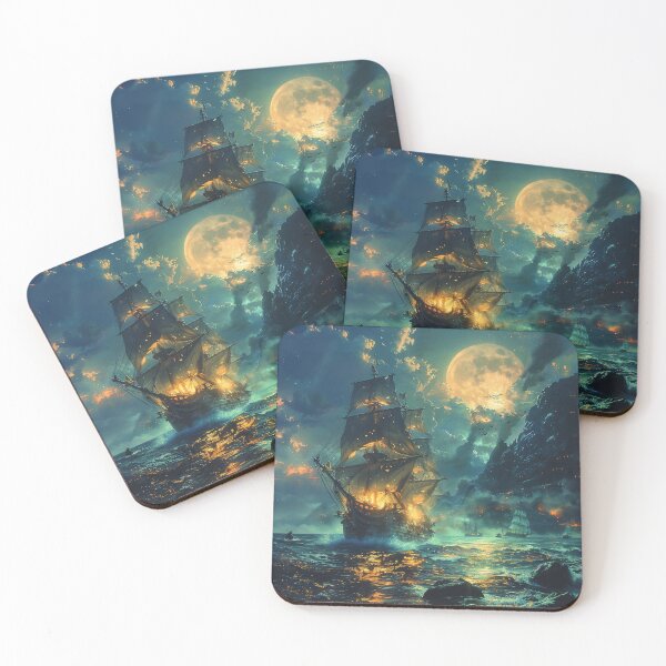 Item preview, Pirate ships illuminated by the moon designed and sold by TrendTonicCo.