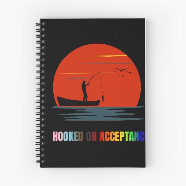Item preview, Hooked On Acceptance Fishing  slogan tees, Fishing LGBTQ+ slogan tees, Person in a boat fishing with sunset graphic. Positive Slogan Tees, Pride tees, LGBTQ+ Tees, designed and sold by PrideBeProud.