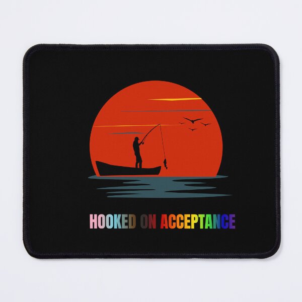 Item preview, Hooked On Acceptance Fishing  slogan tees, Fishing LGBTQ+ slogan tees, Person in a boat fishing with sunset graphic. Positive Slogan Tees, Pride tees, LGBTQ+ Tees, designed and sold by PrideBeProud.