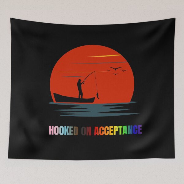 Item preview, Hooked On Acceptance Fishing  slogan tees, Fishing LGBTQ+ slogan tees, Person in a boat fishing with sunset graphic. Positive Slogan Tees, Pride tees, LGBTQ+ Tees, designed and sold by PrideBeProud.