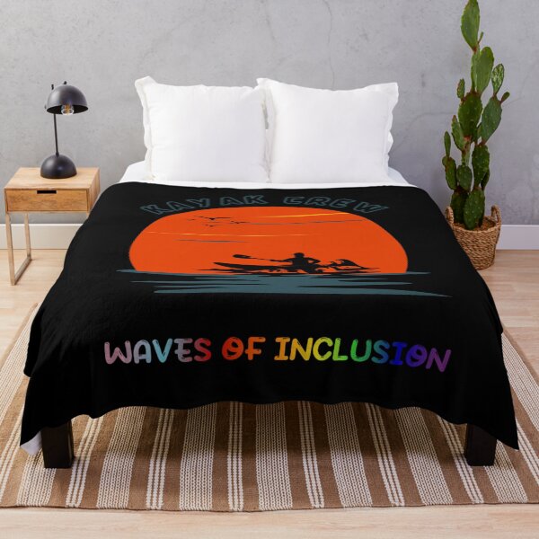 Item preview, Kayak Crew Waves of Inclusion slogan tees, Kayaking LGBTQ+ slogan tees, Person in a boat kayaking with sunset graphic. Positive Slogan Tees, Pride tees, LGBTQ+ Tees, designed and sold by PrideBeProud.