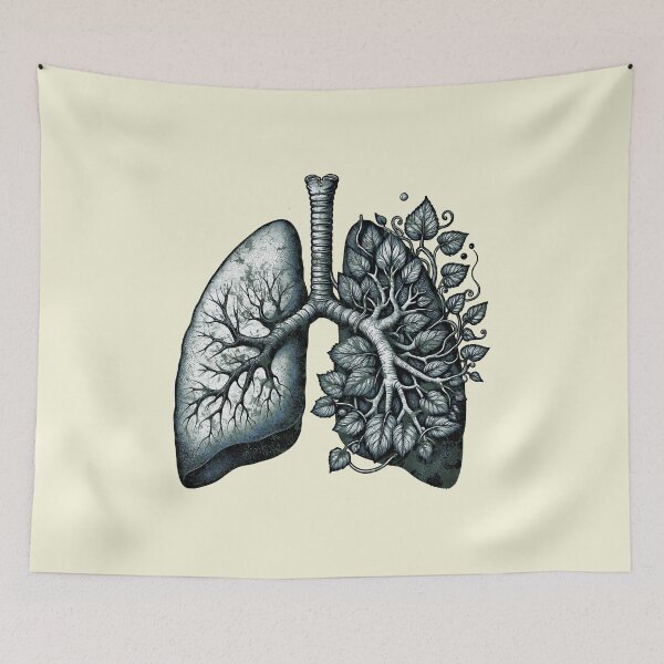 Item preview, lungs with climbing plant and branches, blue and green, cancer awareness, bloom floral, anatomy, watercolor designed and sold by Collagedream.