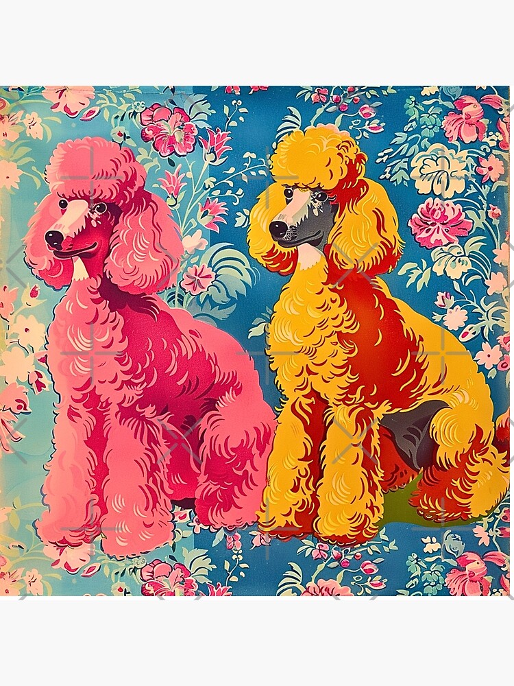 Aperçu 4 sur 4. Coussin avec l'œuvre Caniches roses et orange des années 1950 sur motif de fond floral vintage créée et vendue par HollywoodInked.