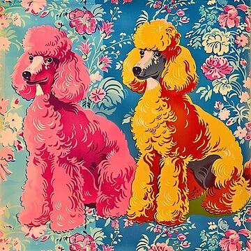 Aperçu de l'œuvre Caniches roses et orange des années 1950 sur motif de fond floral vintage de HollywoodInked