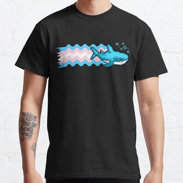Artikel-Vorschau von Trans Pride Shark mit Transgender-Flaggen-Pixelkunst, designt und verkauft von HeatherUnderground.