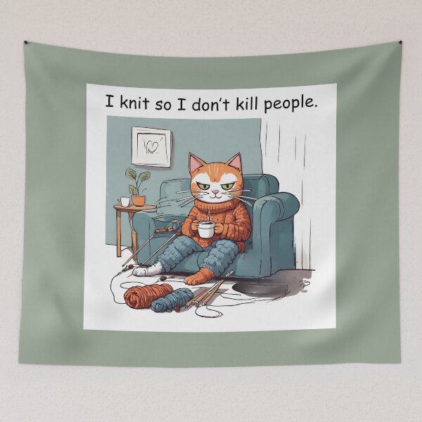 Item preview, I knit so I don't kill people funny knitting theme cat designed and sold by CarpanaBay.