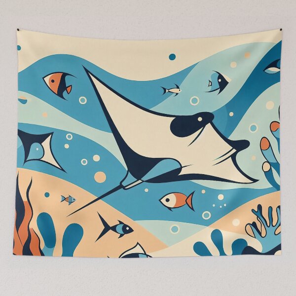 Item preview, manta ray colorful style with some sea creatures designed and sold by zzinthestore.