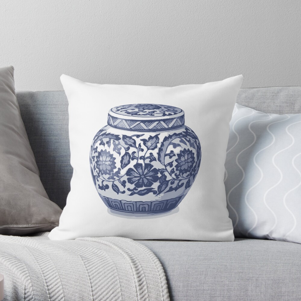 Indigo Blue White Hamptons Ginger Jar Chinoiserie Vase Art Throw Pillow