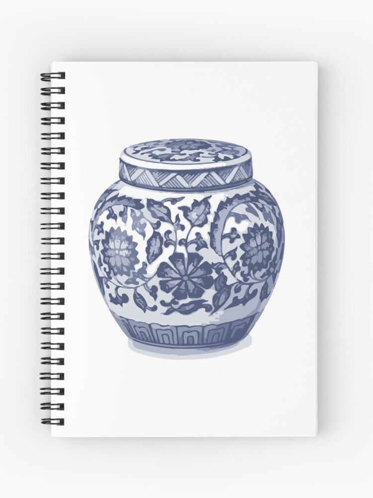 indigo blue white hamptons ginger jar chinoiserie vase art p=spiral notebook