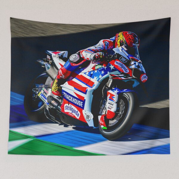 Item preview, Raúl Fernández on his 2024 MotoGP motorcycle coming out of a corner abstract designed and sold by Rodissimus1984.