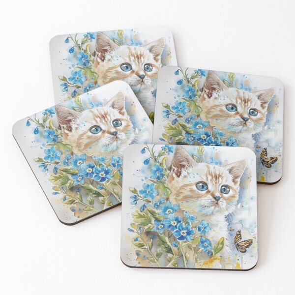 Item preview, A ginger kitten in a clearing in blue forget-me-not flowers loves butterflies designed and sold by ArtbySvetik.