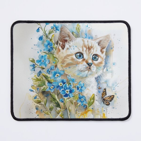 Item preview, A ginger kitten in a clearing in blue forget-me-not flowers loves butterflies designed and sold by ArtbySvetik.