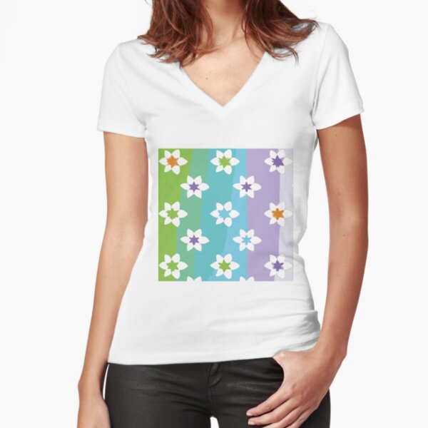 floral patterns on rainbow, white flowers Fitted V-Neck T-Shirt