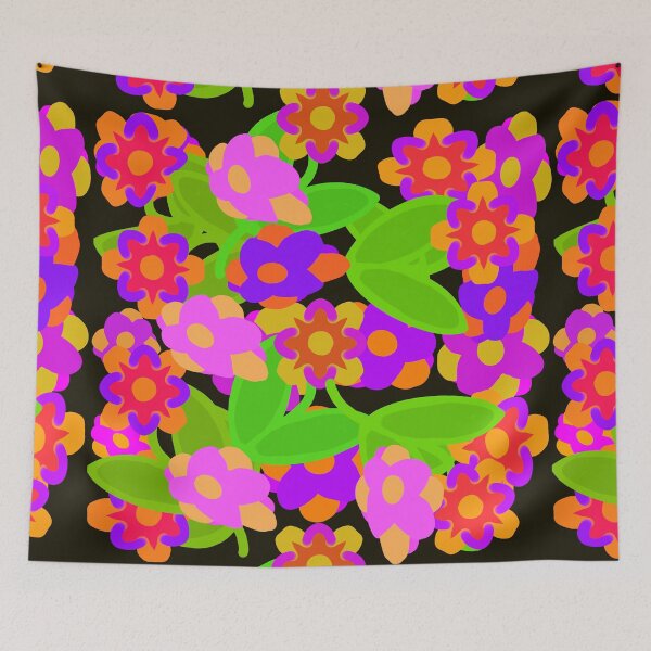 Aperçu de l'œuvre Fleurs colorées dessinées à la main sur fond noir - motif répétitif créée et vendue par Victoria Rose.