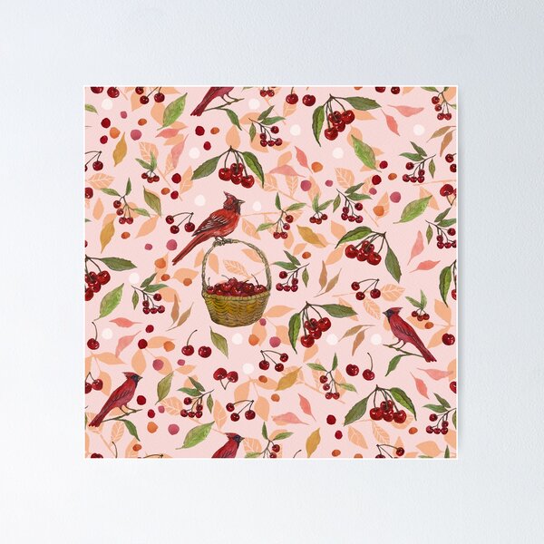 Cherries and Cardinals Pretty Pattern Poster