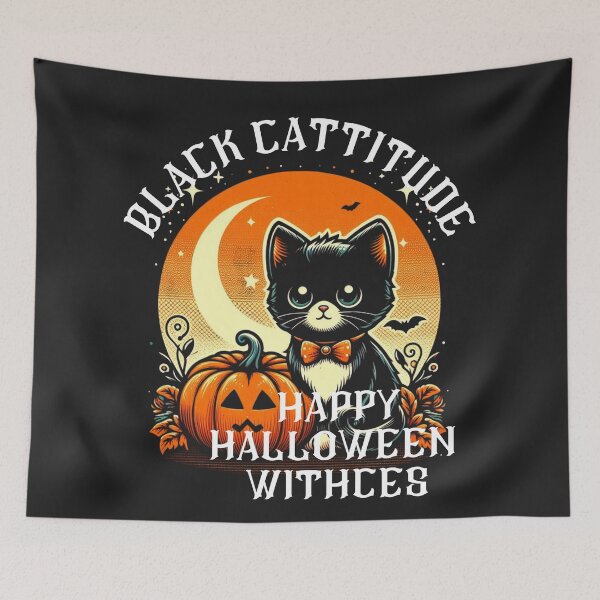 Aperçu de l'œuvre Halloween Noir Cattitued Mignon Rétro Kitty Bonne Célébration De La Saison D'Automne créée et vendue par Wolvescreate.