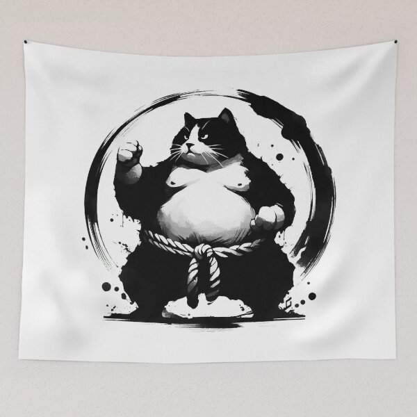Item preview, Sumo Cat Wrestler Sumie Enso Circle Japanese Brushstroke designed and sold by TomFrontierArt.
