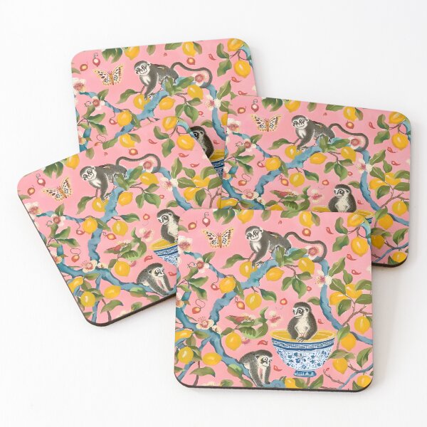 Item preview, Fruit monkeys and lemon tree chinoiserie on salmon pink background designed and sold by SophieClimaArt.
