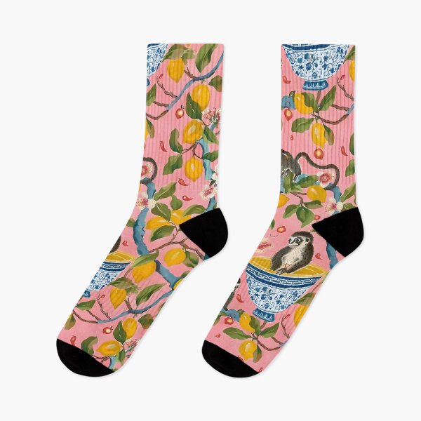 Item preview, Fruit monkeys and lemon tree chinoiserie on salmon pink background designed and sold by SophieClimaArt.