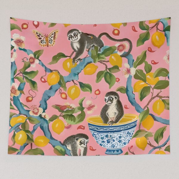 Item preview, Fruit monkeys and lemon tree chinoiserie on salmon pink background designed and sold by SophieClimaArt.