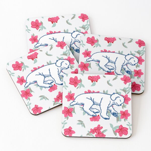 Item preview, white sleeping dog on Red azalea  designed and sold by Eastspacebubble.